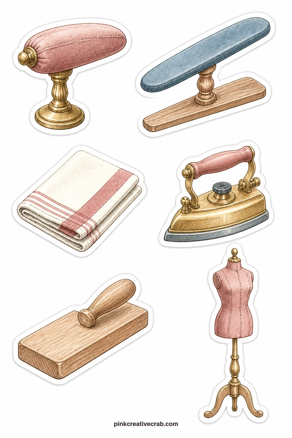 Tailor Tools Stickers printable page — A tailor's ham, a sleeve board, a pressing cloth, an iron, a clapper and a tailor's dummy sit on this sheet, the