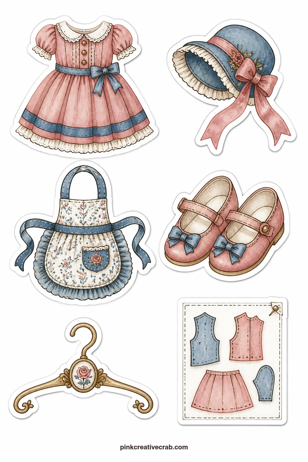 Doll Clothes Sewing Stickers printable page — A tiny dress, a doll hat, a doll apron, a pair of doll shoes, a doll hanger and a doll pattern cover this sheet