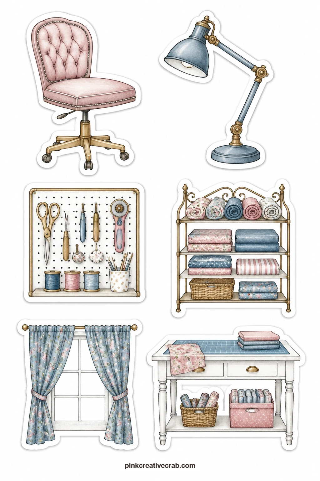 Sewing Room Decor Stickers printable page — A sewing chair, a sewing lamp, a pegboard, a fabric shelf, a window with curtains and a cutting table make this