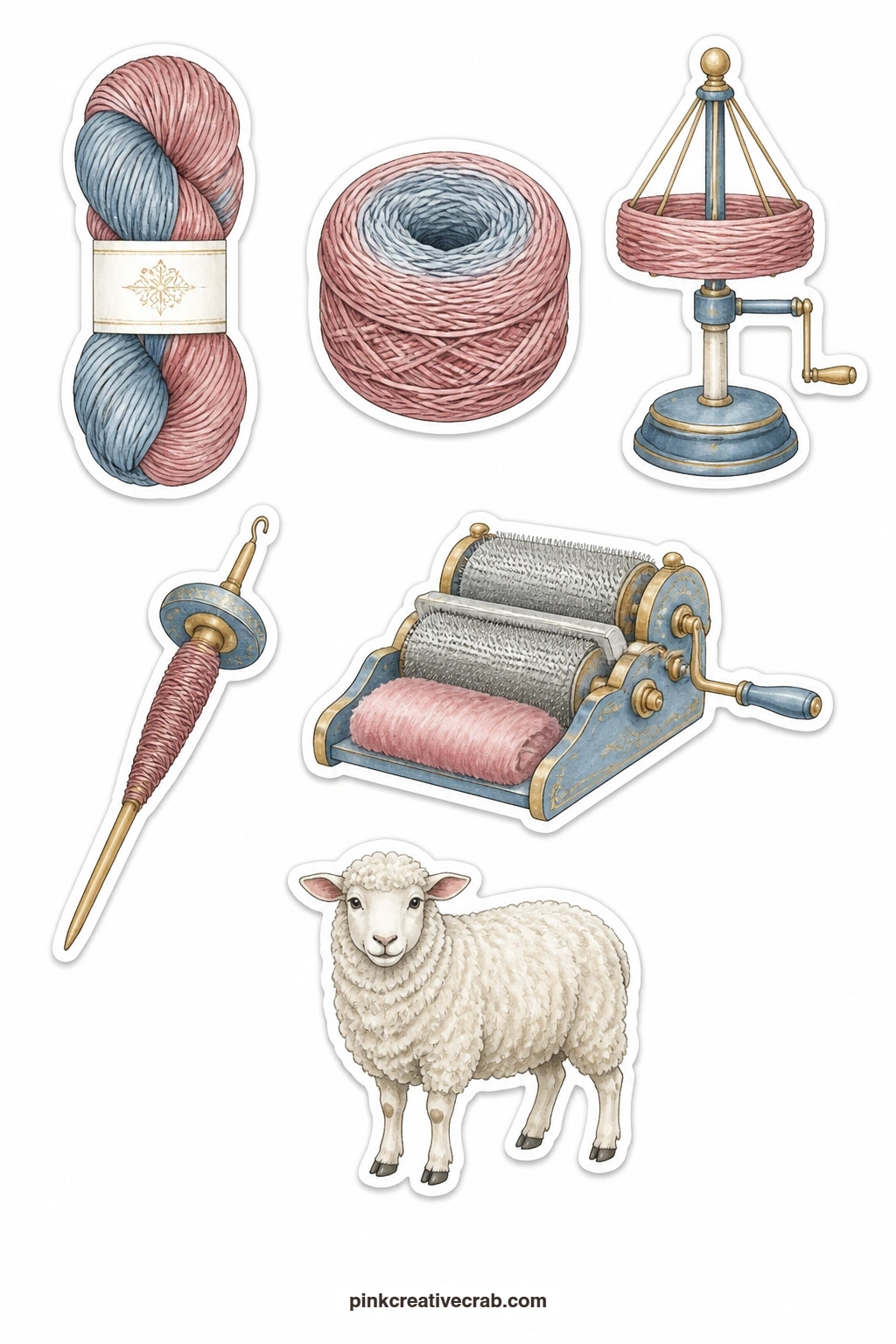 Yarn And Wool Stickers printable page — A skein, a yarn cake, a wool winder, a spindle, a carder and a sheep cover this sheet, following the wool from the