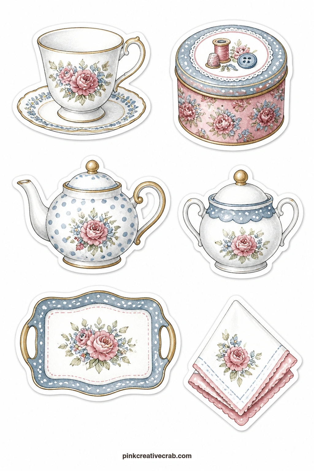 Sewing Room Tea Break Stickers printable page — A teacup, a biscuit tin, a little teapot, a sugar bowl, a tea tray and a napkin make this sheet the small pause
