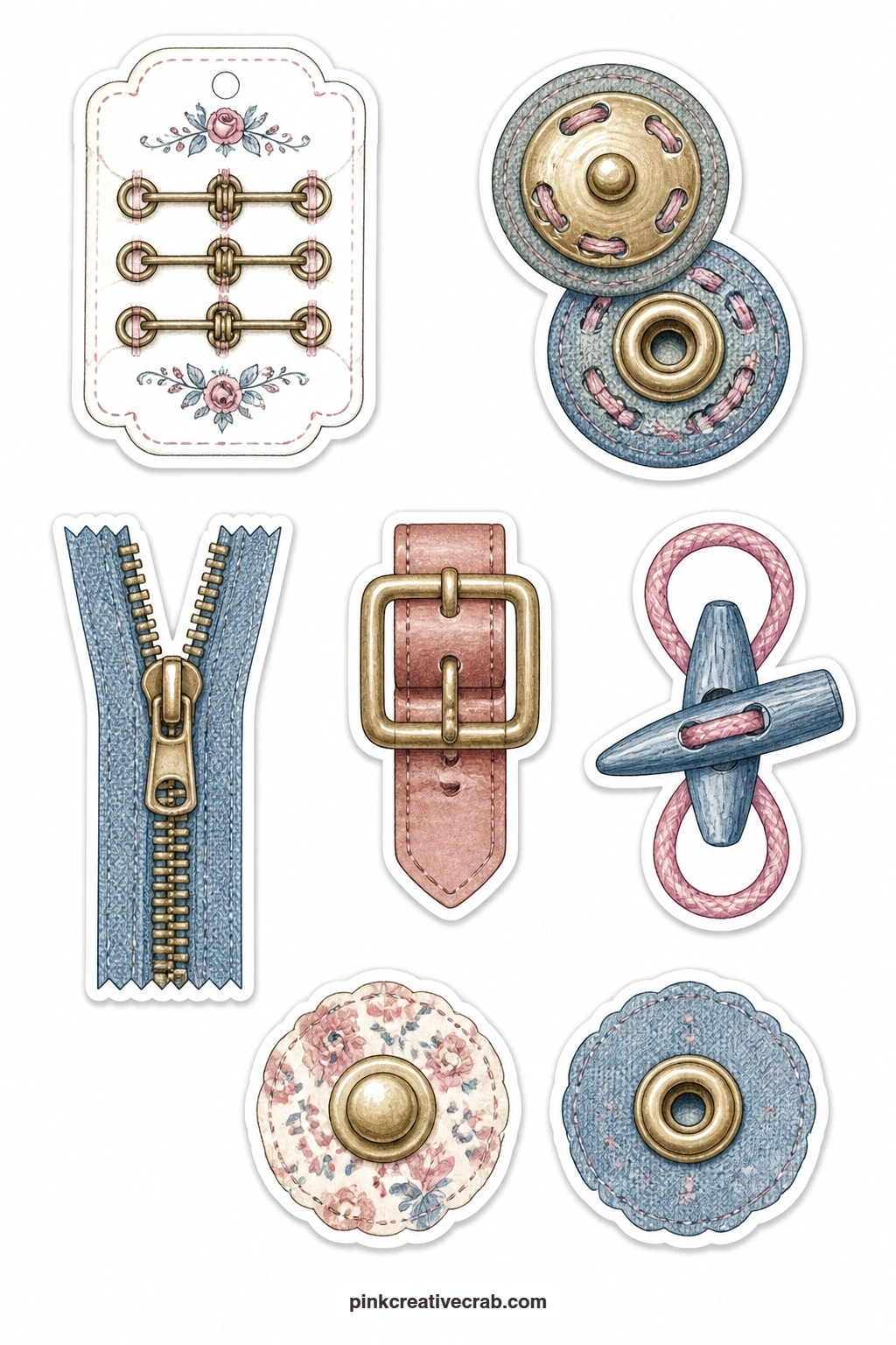 Fastenings Stickers printable page — A hook and eye card, a snap fastener card, a zipper, a buckle, a toggle and a press stud fill this sheet with the small