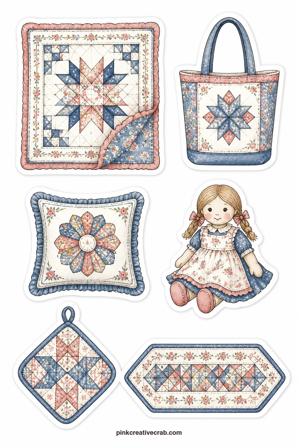 Finished Makes Stickers printable page — A quilt, a tote bag, a pillow, a rag doll, a pot holder and a table runner close out the set, the finished projects