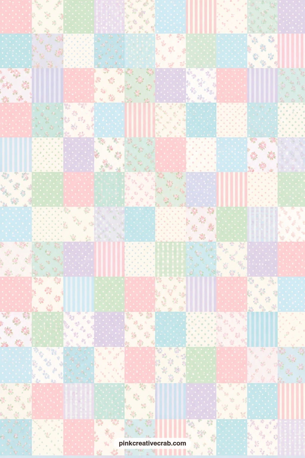 Patchwork Square Paper printable page — Small pastel patchwork squares in mixed prints make a card mat that already looks pieced together, good behind a flat