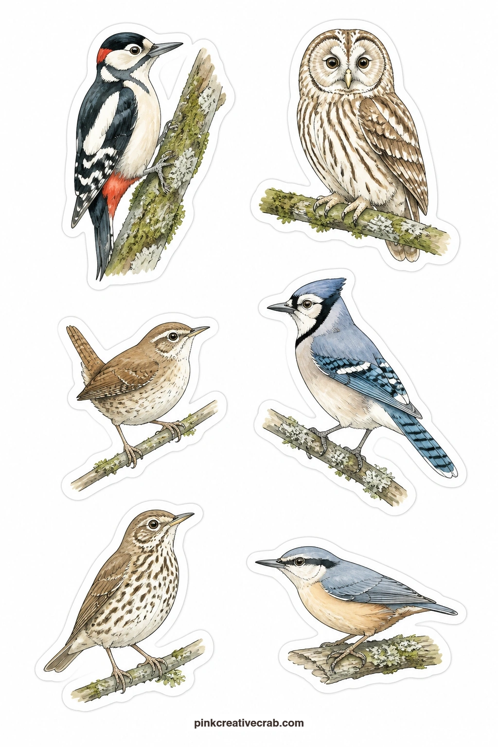 Woodland Birds Stickers printable page — A woodpecker, an owl, a wren, a jay, a thrush and a nuthatch perch here as six separate stickers, each bird shown