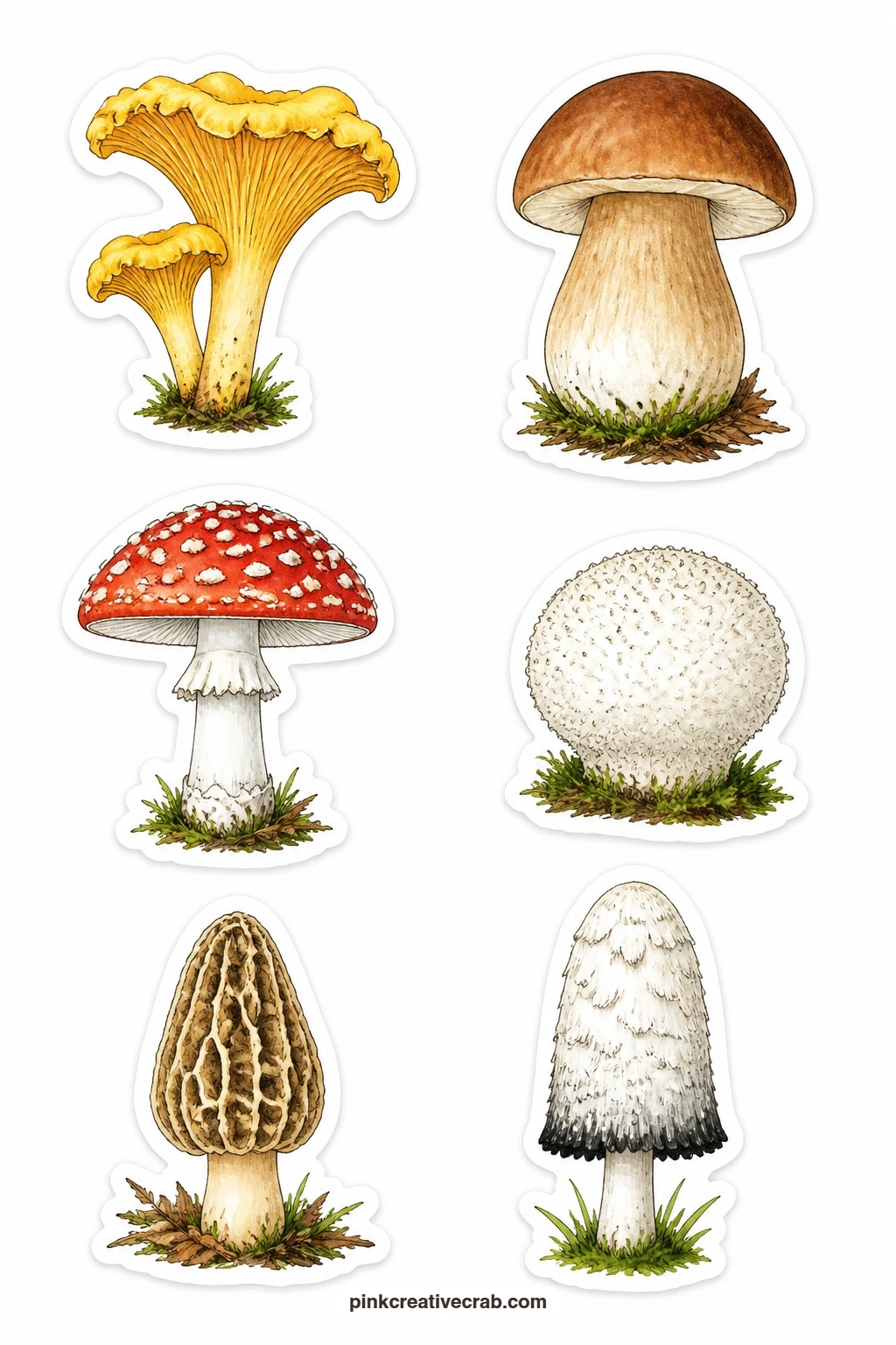 Mushrooms Stickers printable page — Six forest mushrooms share this sheet: a chanterelle, a porcini, a toadstool, a puffball, a morel and a shaggy mane, each