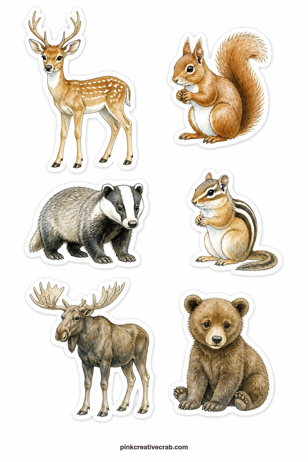 Forest Animals Stickers printable page — Deer, squirrel, badger, chipmunk, moose and bear cub share this sheet, six woodland animals each drawn whole and