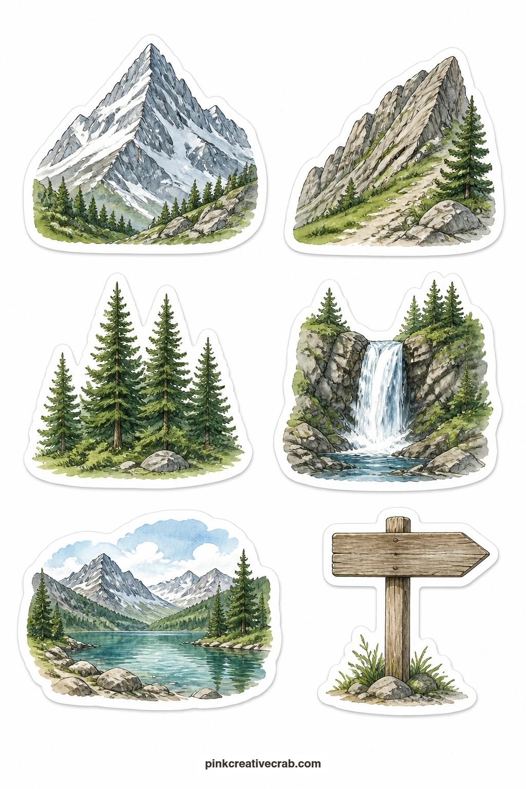 Mountains Stickers printable page — Snowy peak, rocky ridge, pine forest patch, waterfall, mountain lake and a plain trail marker fill this sheet of larger
