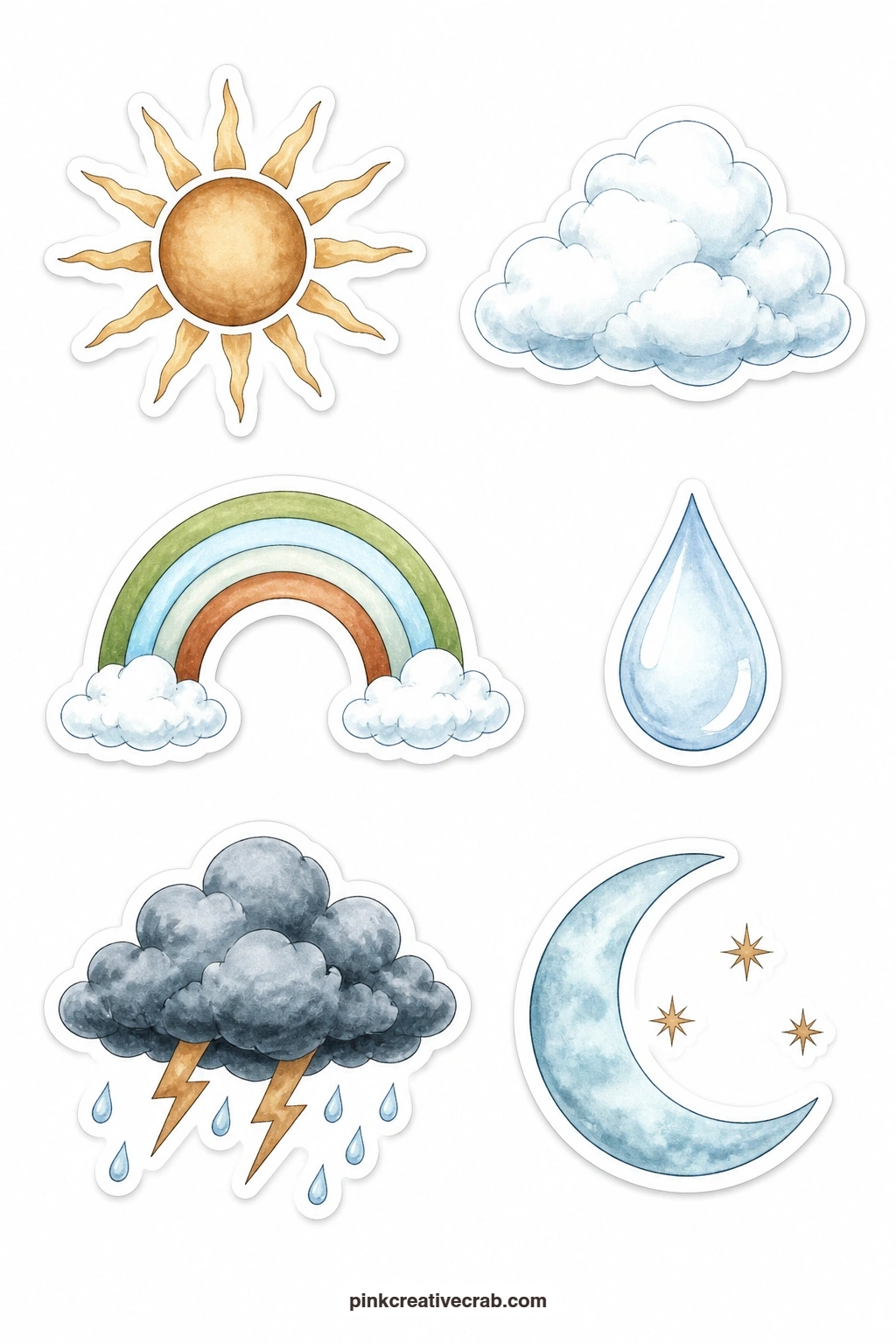 Sky and Weather Stickers printable page — Sun, cloud, rainbow, raindrop, storm cloud and crescent moon sit together here, six small sky stickers that work well