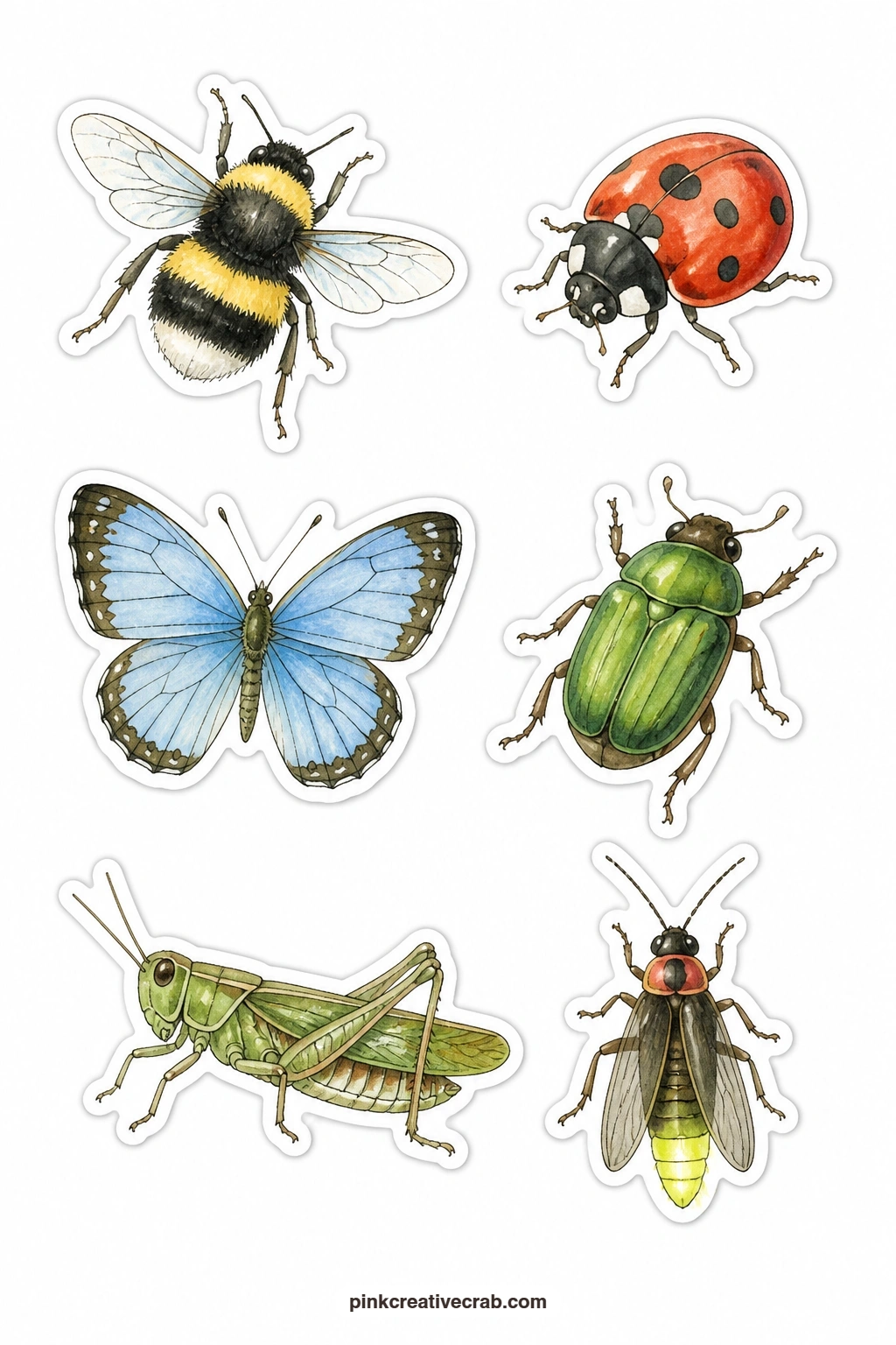 Insects Stickers printable page — Bumblebee, ladybird, butterfly, beetle, grasshopper and firefly make up this tiny sheet, each insect drawn large enough to