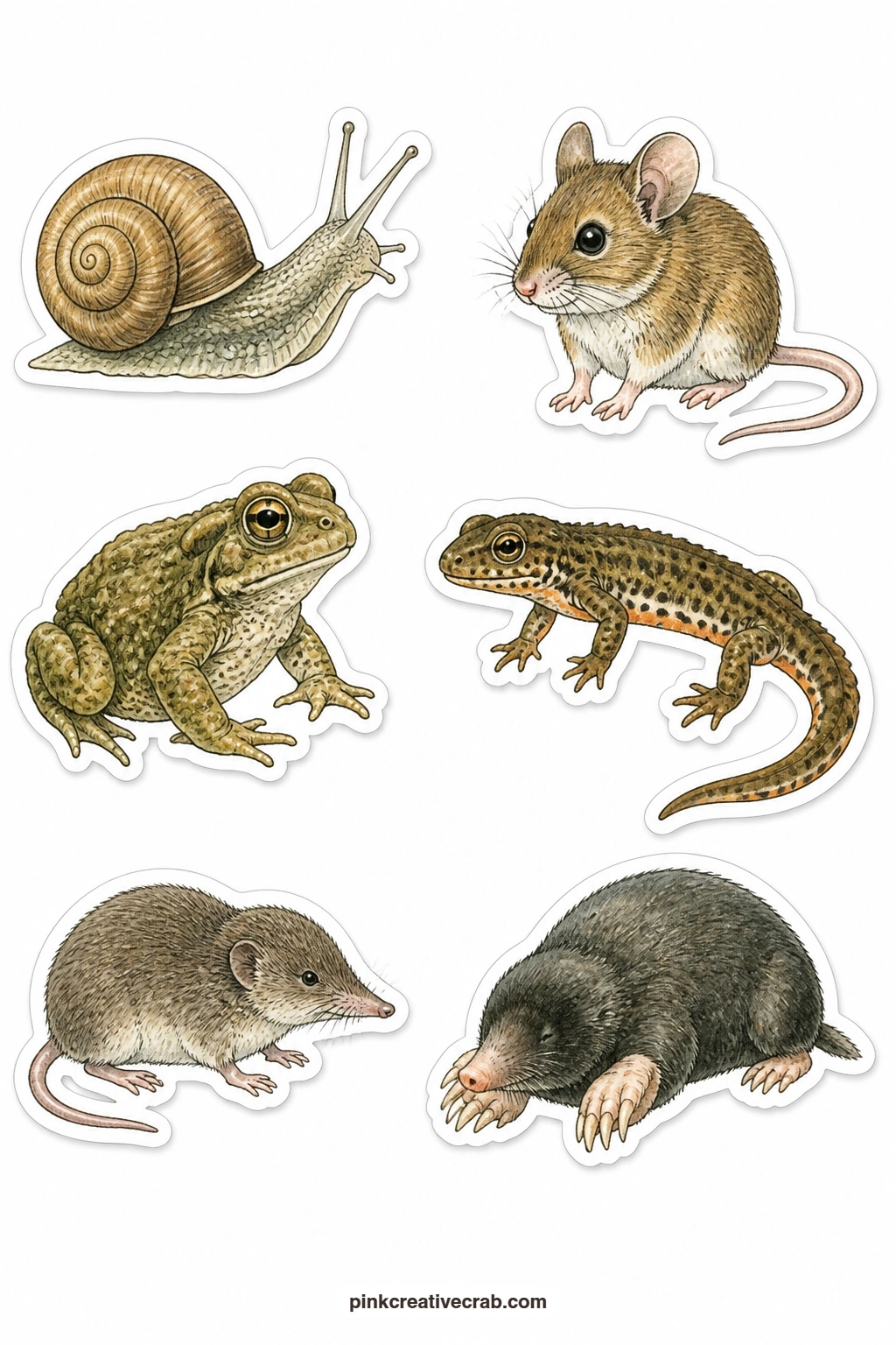 Small Creatures Stickers printable page — A snail, a field mouse, a toad, a newt, a shrew and a mole round out the smaller side of the set, six gentle woodland