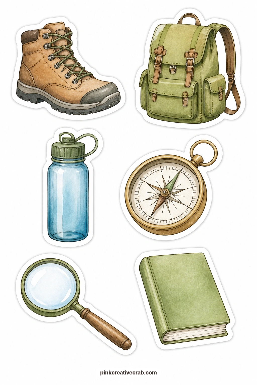 Nature Walk Gear Stickers printable page — Hiking boot, backpack, water bottle, compass, magnifier and a field guide with a blank cover make this sheet the