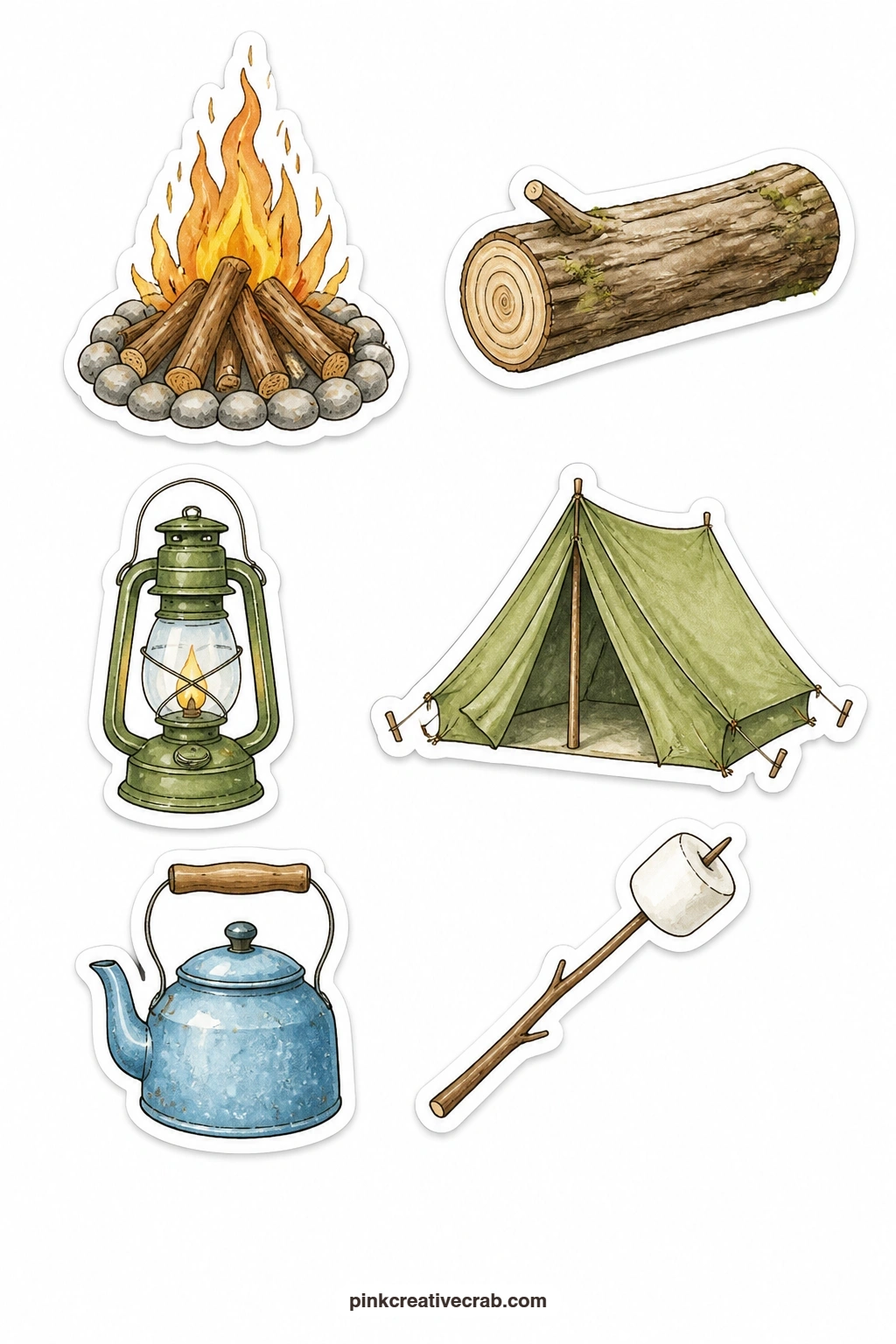 Campfire Nature Stickers printable page — Campfire, log, lantern, tent, kettle and marshmallow finish the walks and camping section, six small camp objects