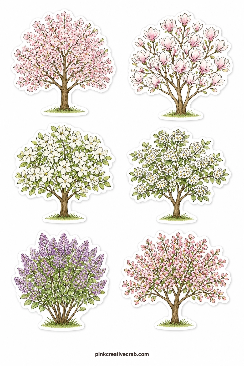 Flowering Trees Stickers printable page — Cherry tree, magnolia, dogwood, hawthorn, lilac bush and crabapple bloom together on this sheet, six flowering trees