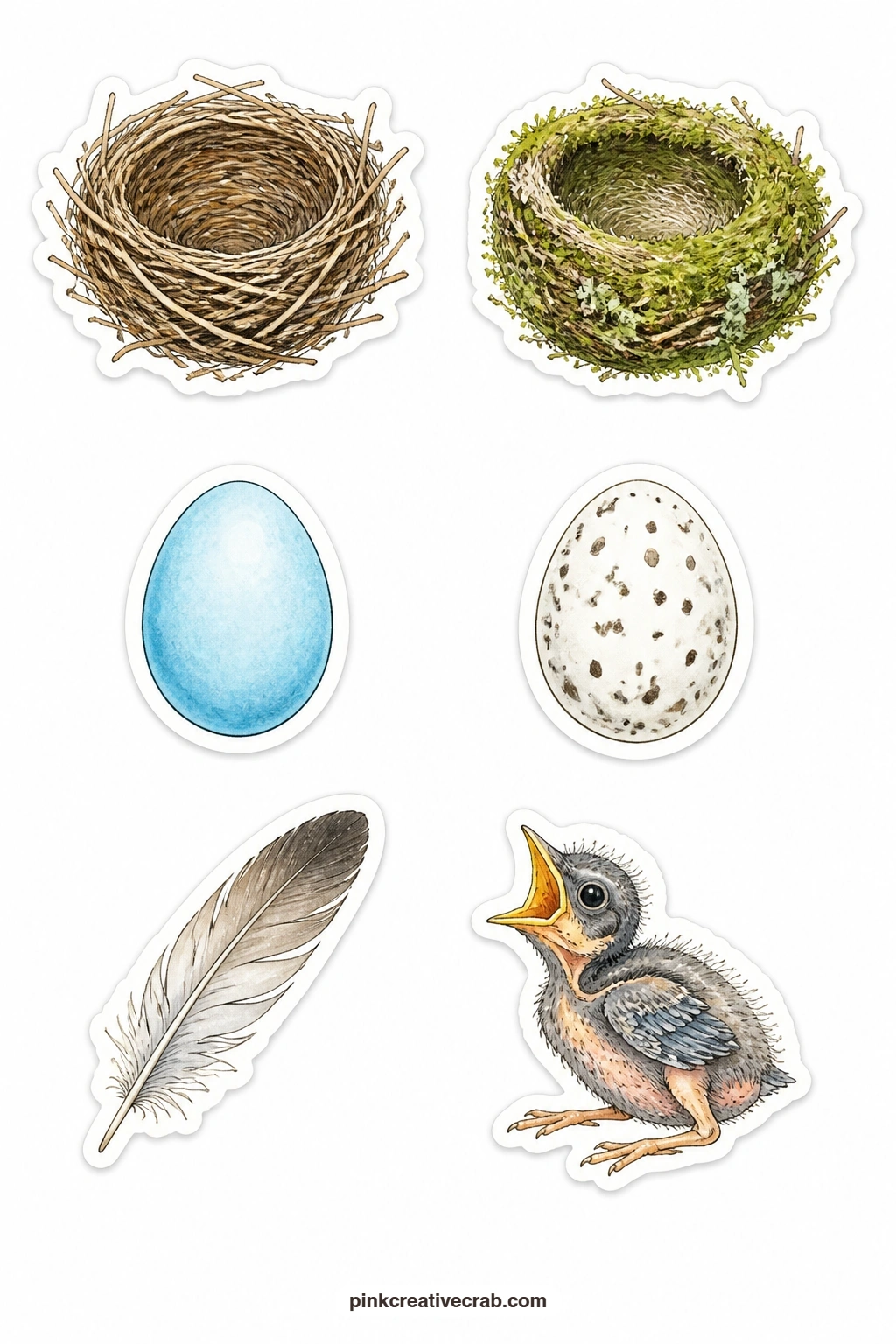 Nests and Eggs Stickers printable page — Twig nest, moss nest, blue egg, speckled egg, feather and hatchling complete this gentle sheet, six small spring