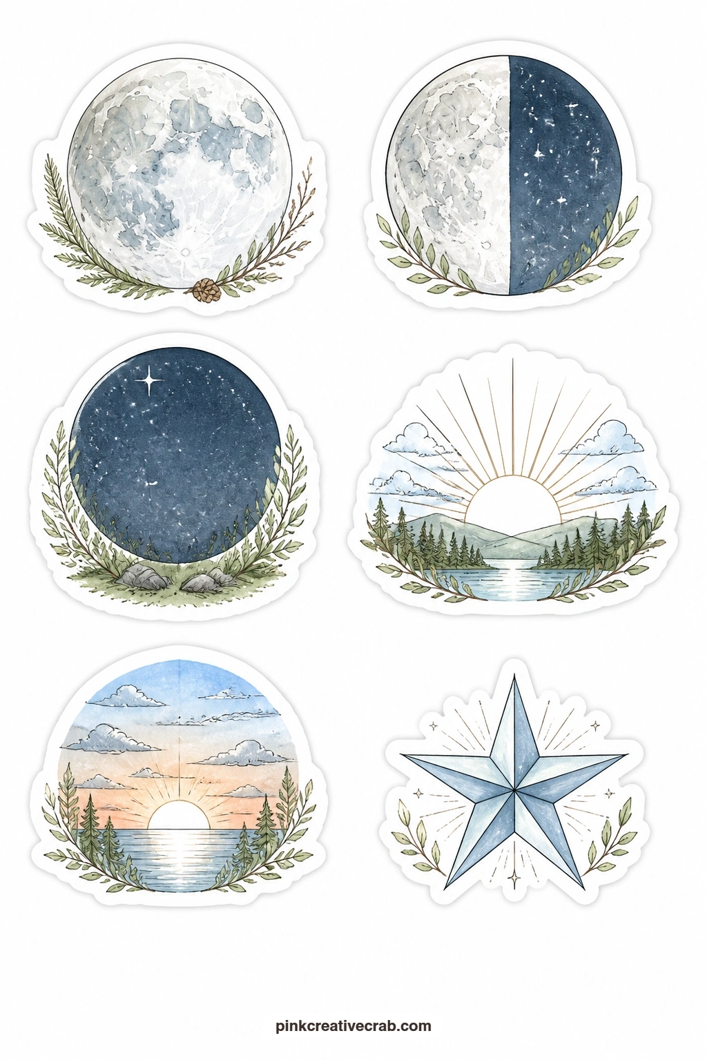 Sun and Moon Phases Stickers printable page — Full moon, half moon, new moon, sunrise, sunset and a star fill this sheet with six small sky stickers, useful