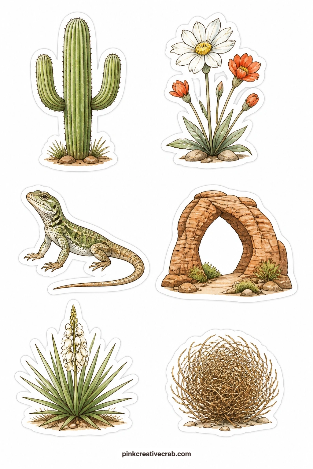 Desert Nature Stickers printable page — Cactus, desert flower, lizard, rock arch, yucca and tumbleweed bring a dry landscape into the set, six stickers that
