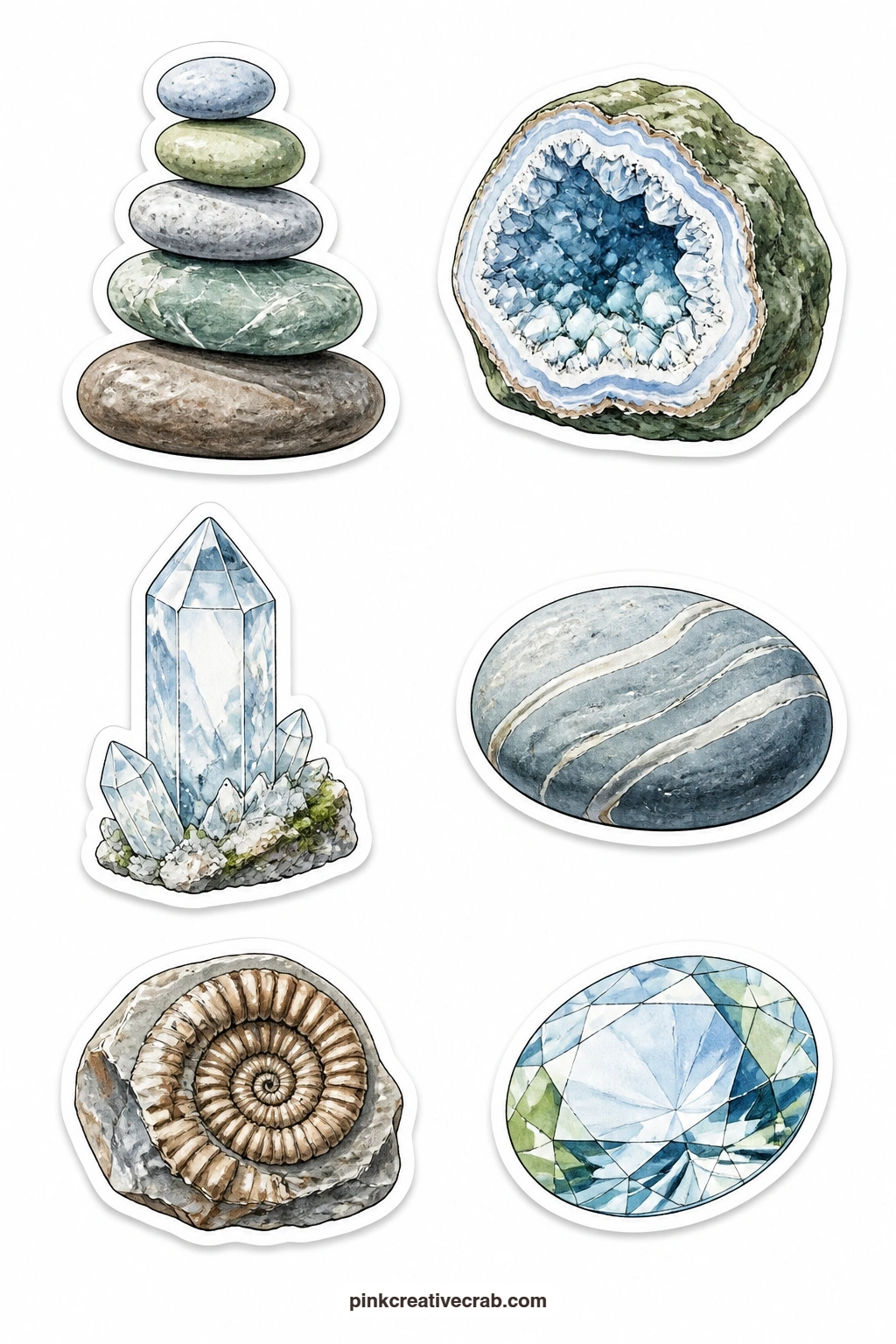 Rocks and Crystals Stickers printable page — Pebble stack, geode, quartz point, river stone, fossil and gem close out the set, six small found object stickers
