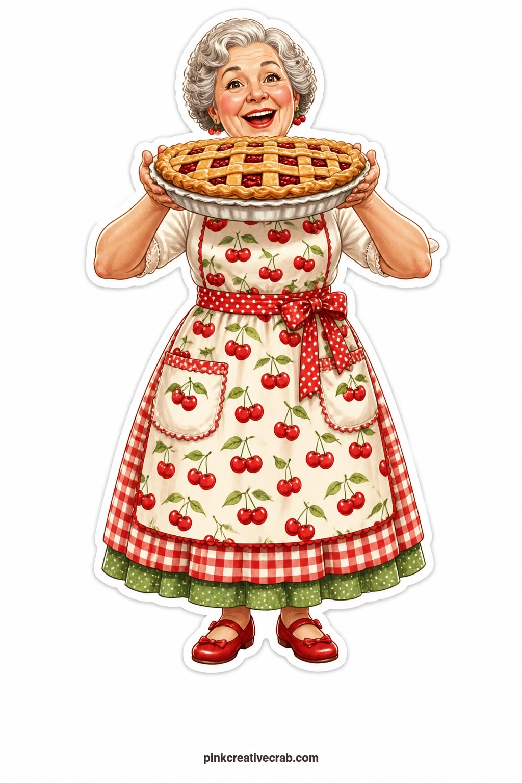 The Lattice Pie Triumph printable page — Overjoyed and glowing in her cherry print apron, this lady holds a lattice pie fresh from the oven like a trophy.