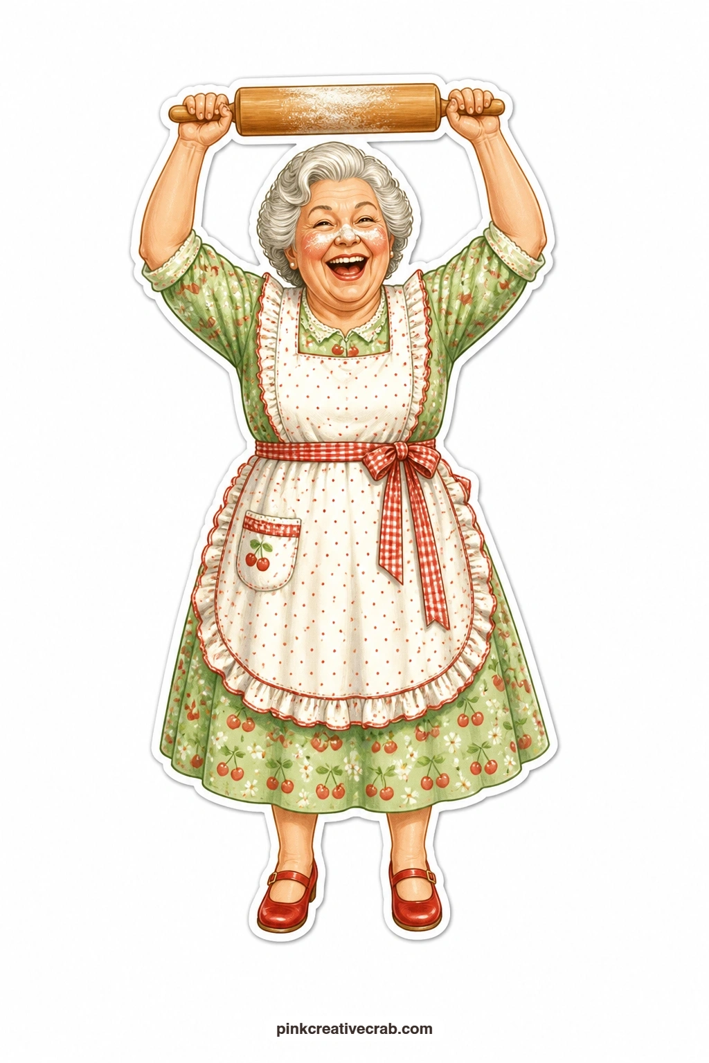 Flour Nose Rolling Pin printable page — Flour dusts her nose and she laughs anyway, rolling pin raised high as if she just won a flour fight with the dough.