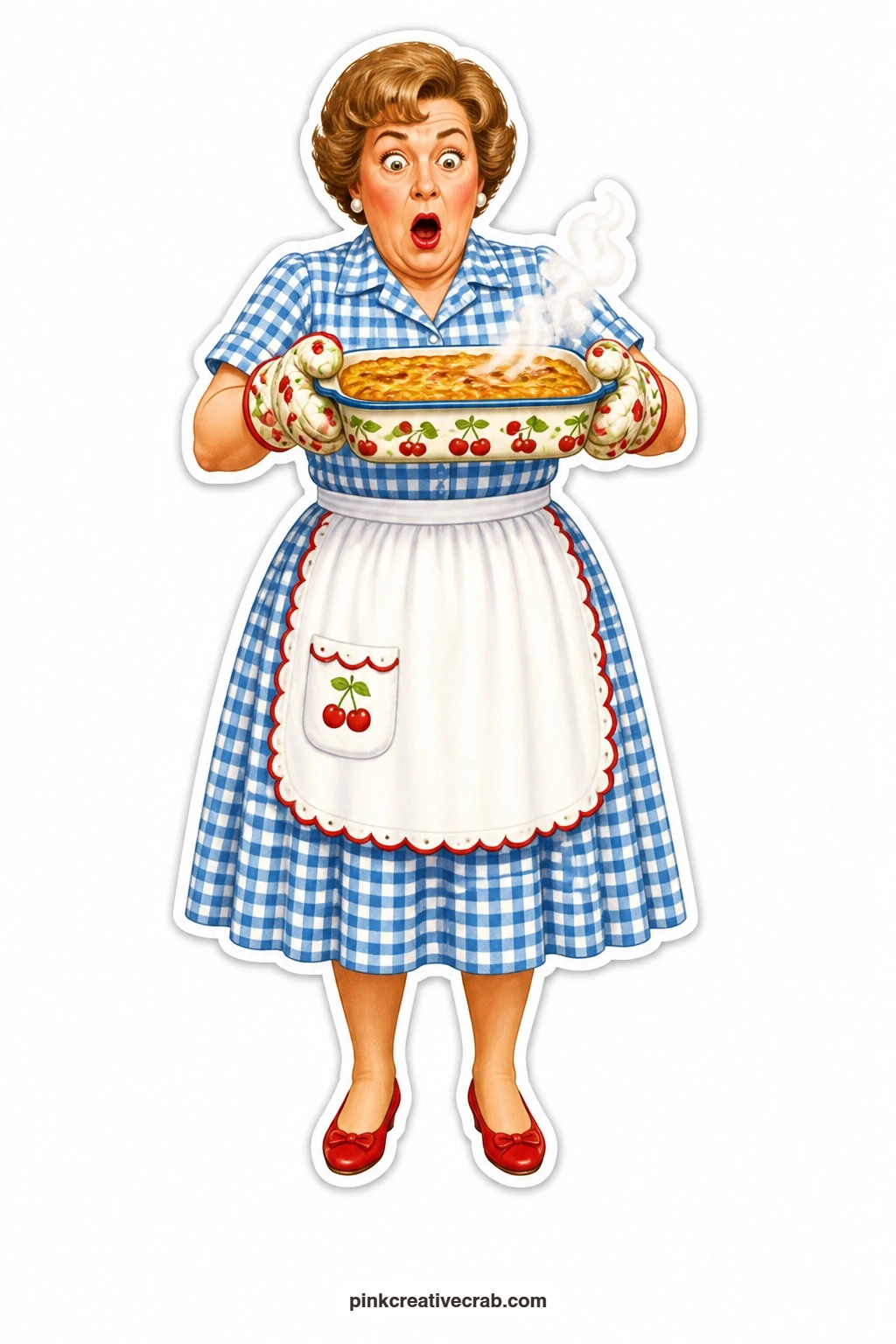 The Smoking Casserole Shock printable page — Shocked and wide-eyed in her gingham dress, she holds a smoking casserole dish at arm's length like it might go