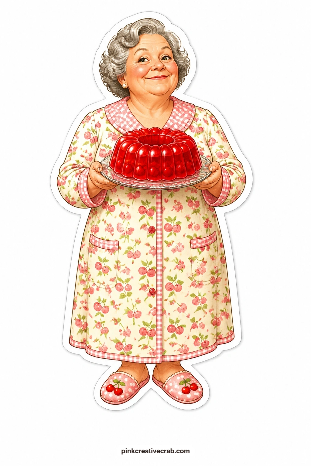 The Wobbly Jello Mold printable page — Proud despite the wobble, this plump lady in a floral housecoat lifts her jello mold like it is perfectly fine, and