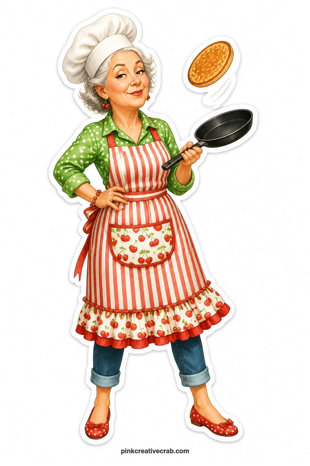 Sassy Pancake Flip printable page — Sassy and sure of herself under a tall chef's hat, she flips pancakes in midair without even looking at the pan. Paper