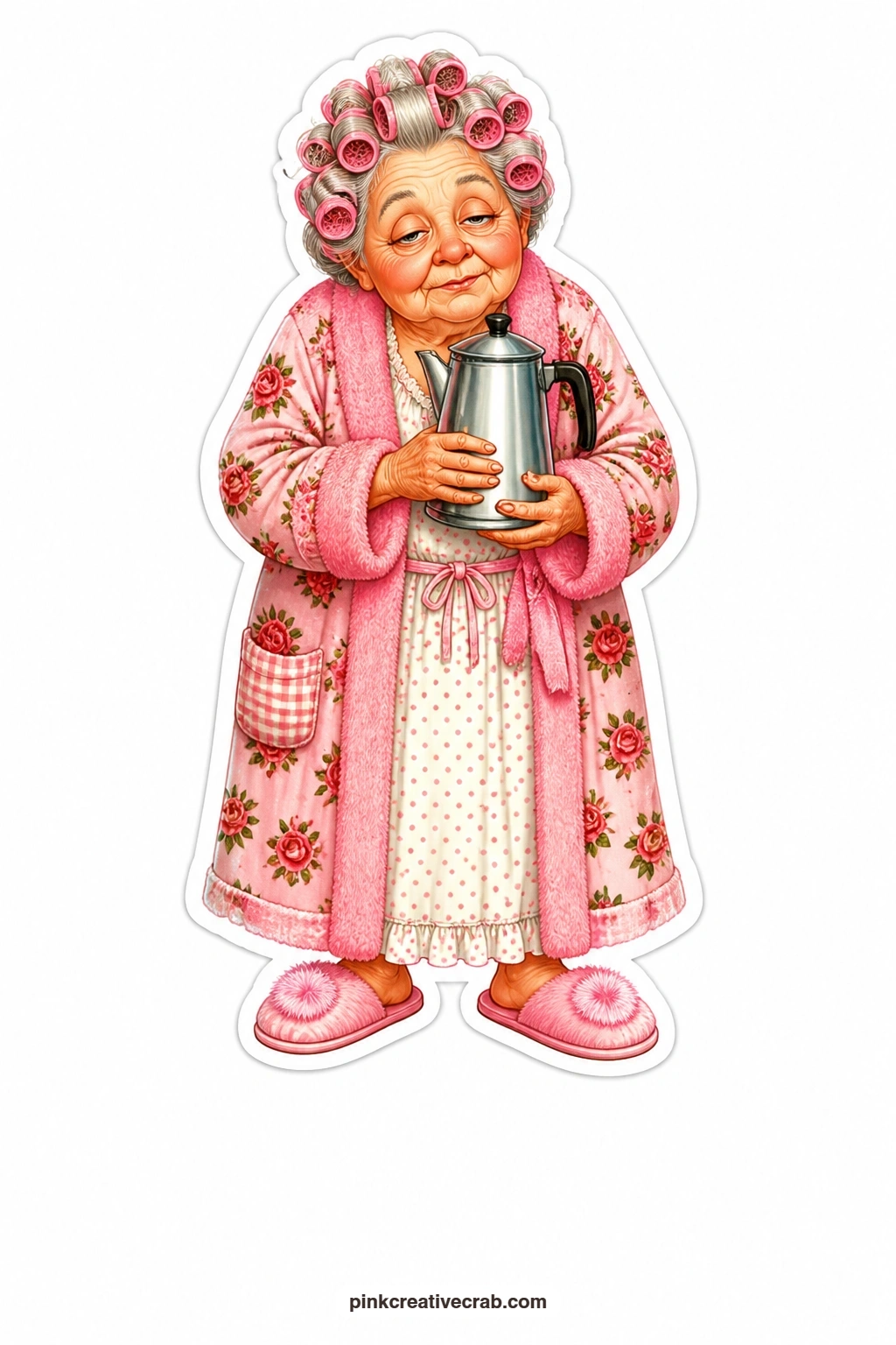 Sleepy Percolator Morning printable page — Half asleep in curlers and a robe, she clutches her percolator coffee pot like it is the only thing keeping her