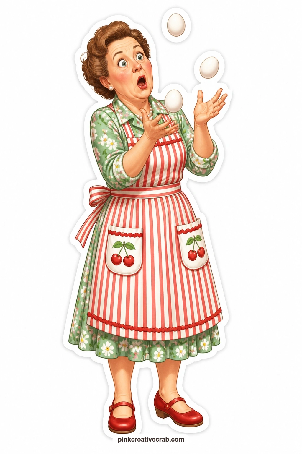 Flustered Egg Juggle printable page — Flustered mid-motion in her striped apron, she juggles three eggs at once with a look that says she did not plan this.