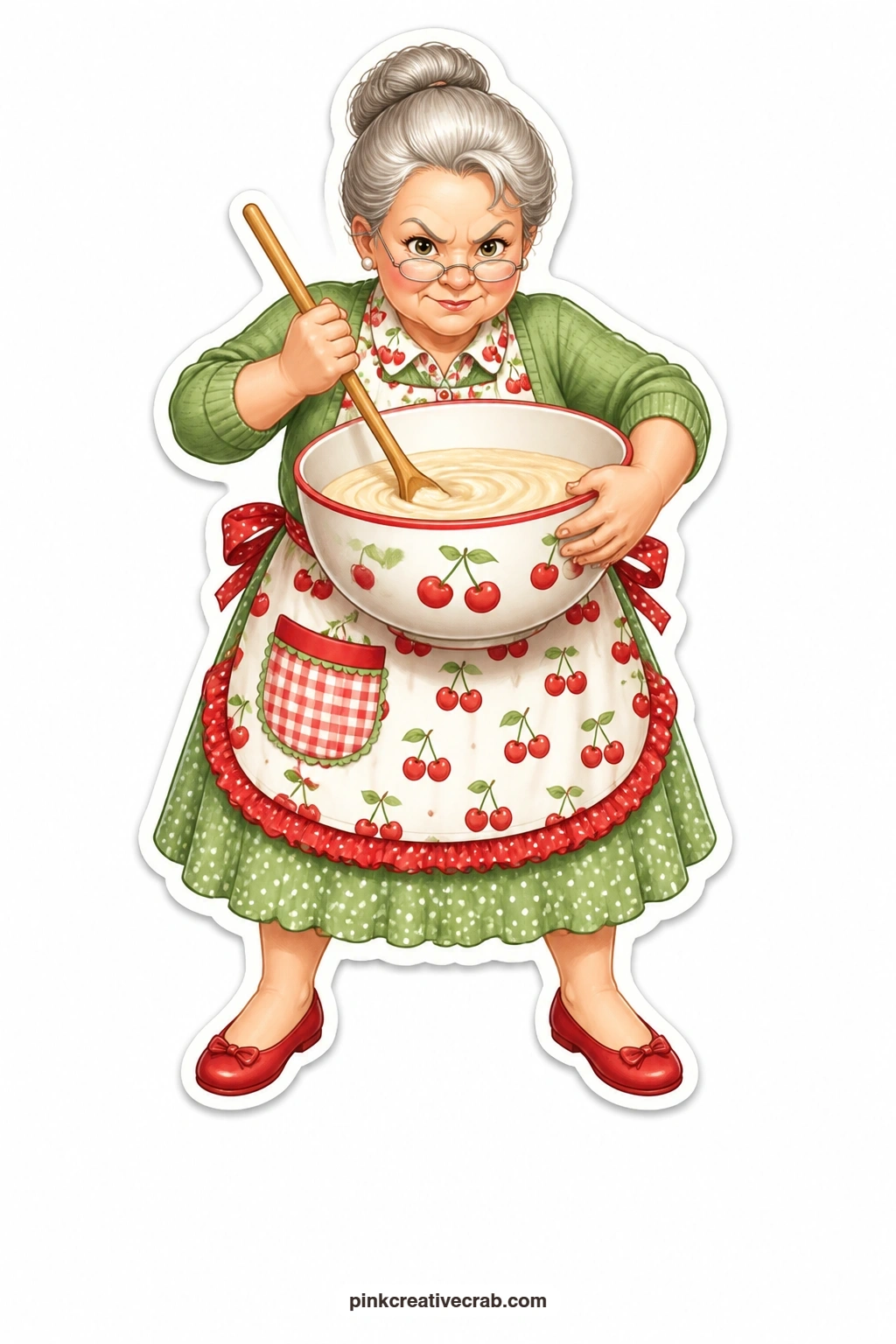 Determined Mixing Bowl Stir printable page — Jaw set and sleeves pushed up, she stirs an enormous mixing bowl with the kind of determination usually reserved