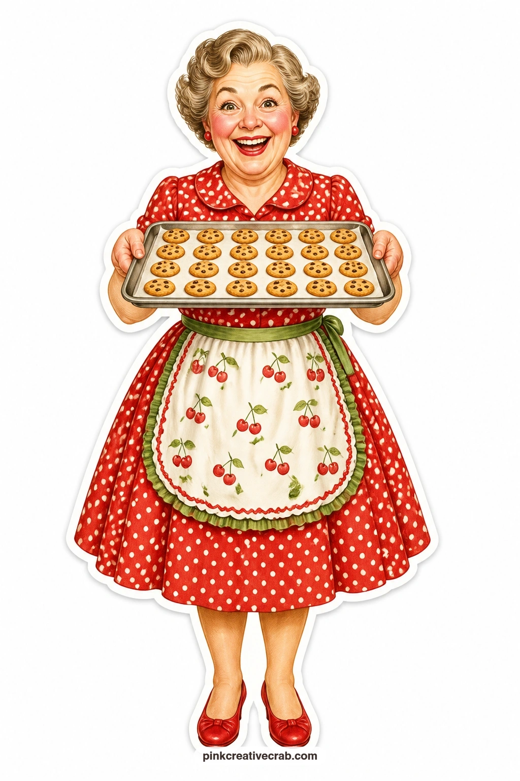 Delighted Cookie Tray printable page — Delighted and bright-eyed in her polka dot dress, she presents a tray of fresh cookies like she is unveiling a prize.