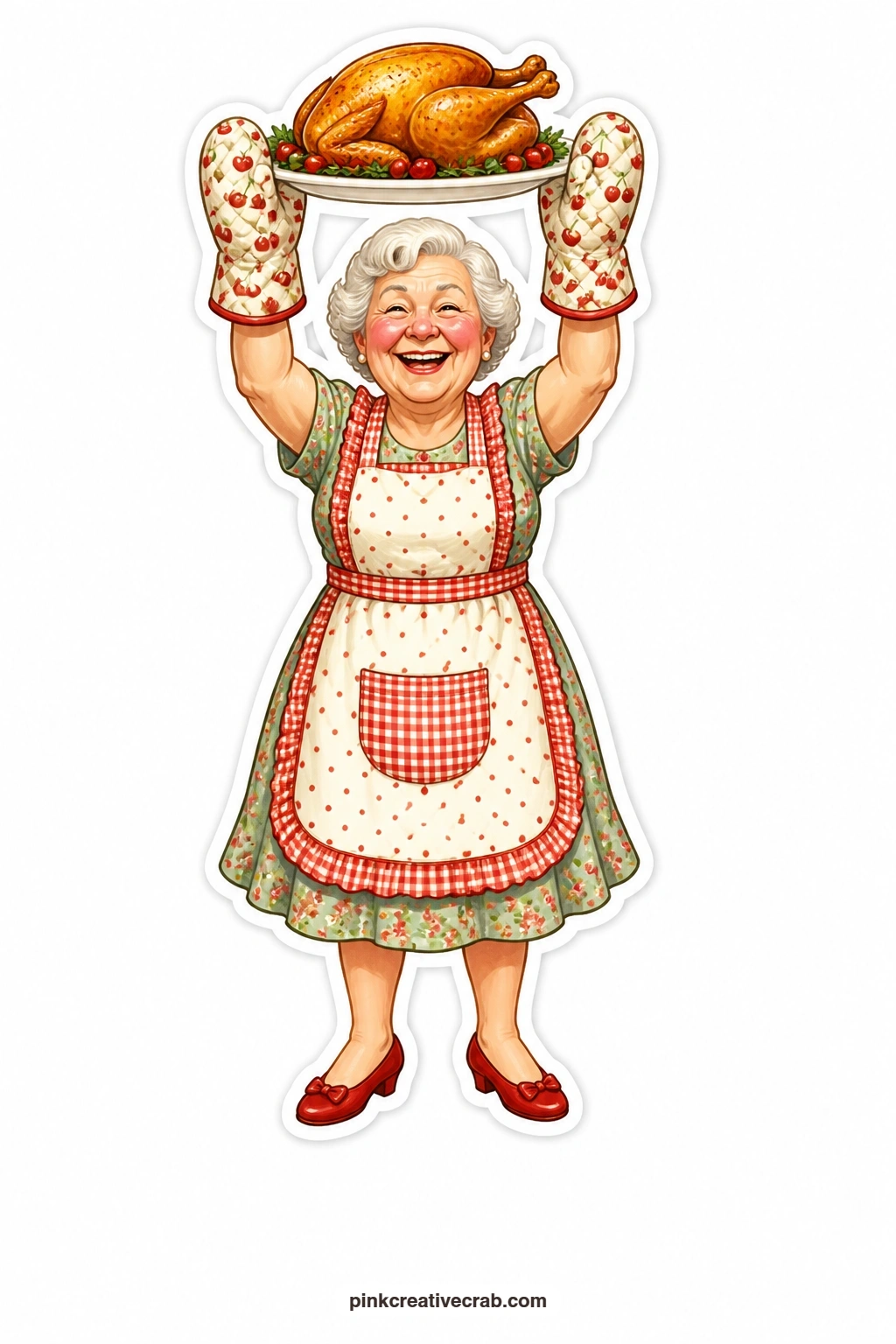 Triumphant Roast Chicken printable page — Triumphant in bright oven mitts, she raises a golden roast chicken high overhead like she just pulled off a small