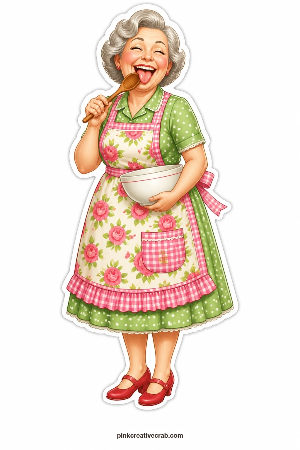Giggling Spoon Lick printable page — Giggling with her eyes half closed, she sneaks a taste straight off the mixing spoon in her rose print apron, caught in