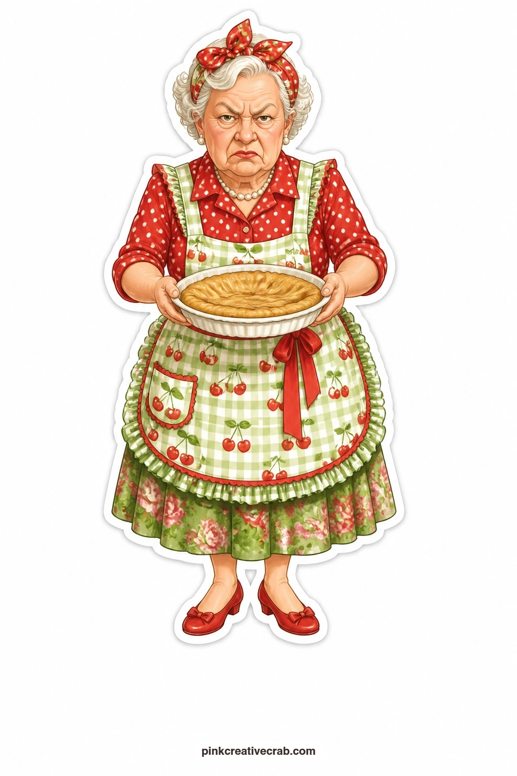 Grumpy Fallen Souffle printable page — Pearls on and patience gone, she glares down at a fallen souffle like it personally insulted her afternoon. Paper dolls