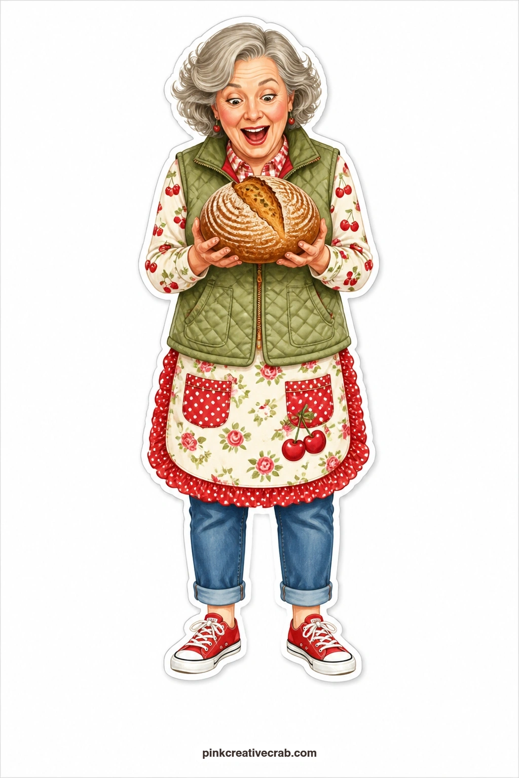 Amazed Sourdough Loaf printable page — Amazed at her own handiwork, she cradles a round sourdough loaf in a quilted vest like it just rose on its own while she