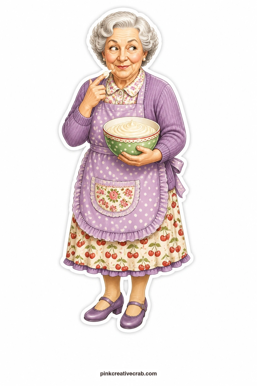 Sneaky Frosting Taste printable page — One finger already in the bowl, she glances sideways with a sneaky little smile, frosting on her fingertip and