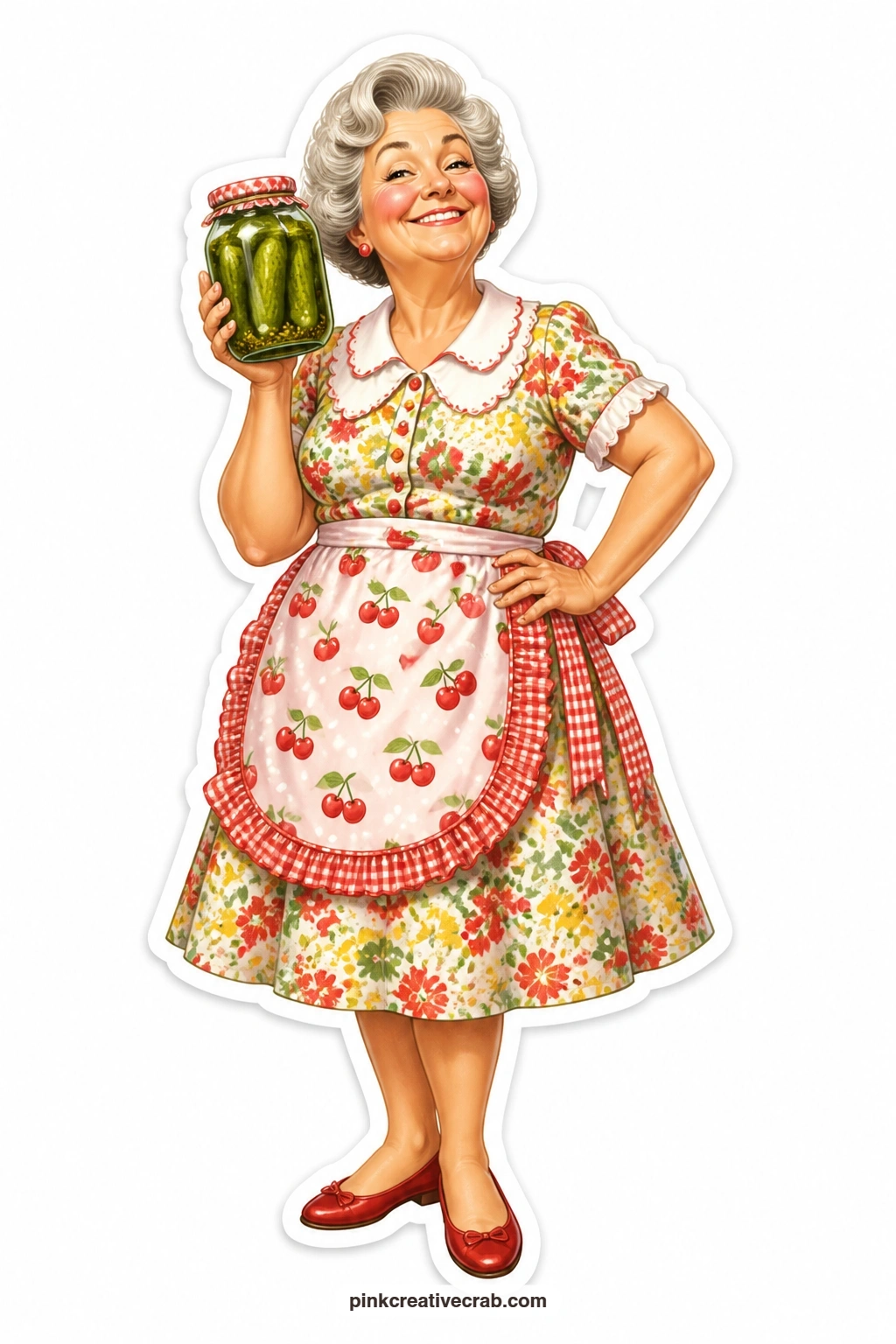 Proud Pickle Jar printable page — Proud as can be in her calico dress, she holds up a jar of pickles like it just won first place at the county fair. Paper
