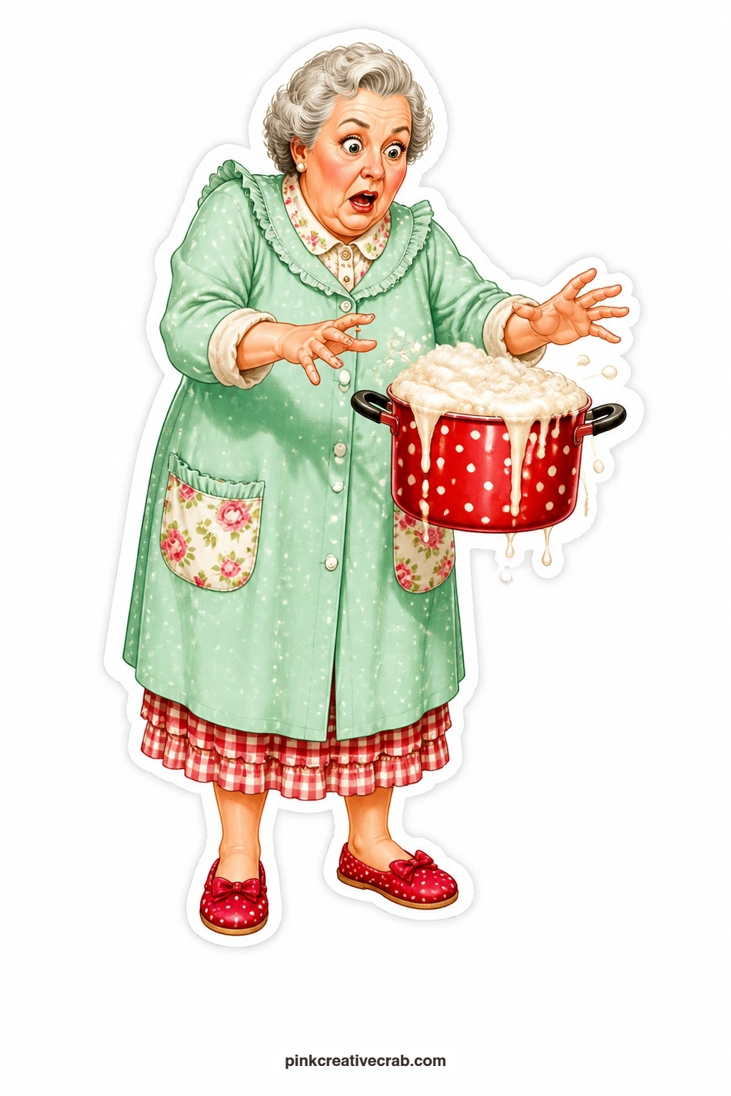 Panicked Boiling Pot printable page — Eyes wide and mouth open, she grips a pot boiling over in her mint smock, clearly seconds from grabbing a towel she does