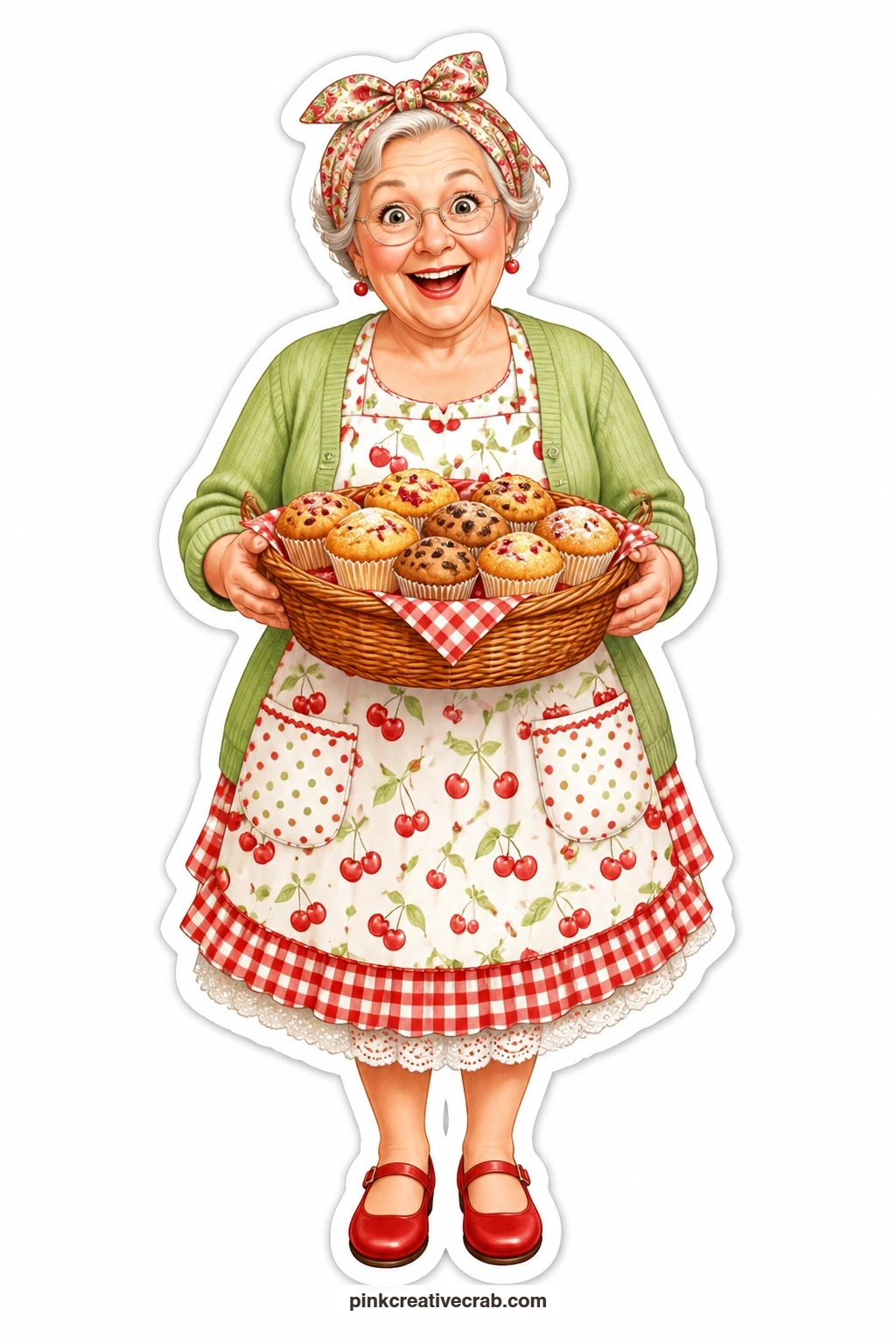Cheerful Muffin Basket printable page — Cheerful and relaxed after the chaos settles, she carries a basket of muffins in her paisley head scarf like nothing