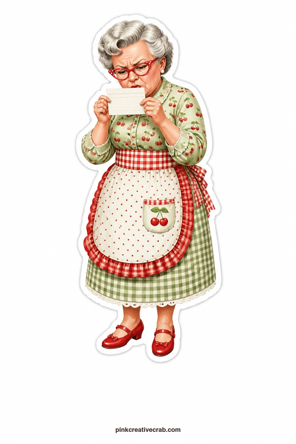 Puzzled Blank Recipe Card printable page — Squinting through her cat-eye glasses, she studies a blank recipe card with total confusion, as if the one