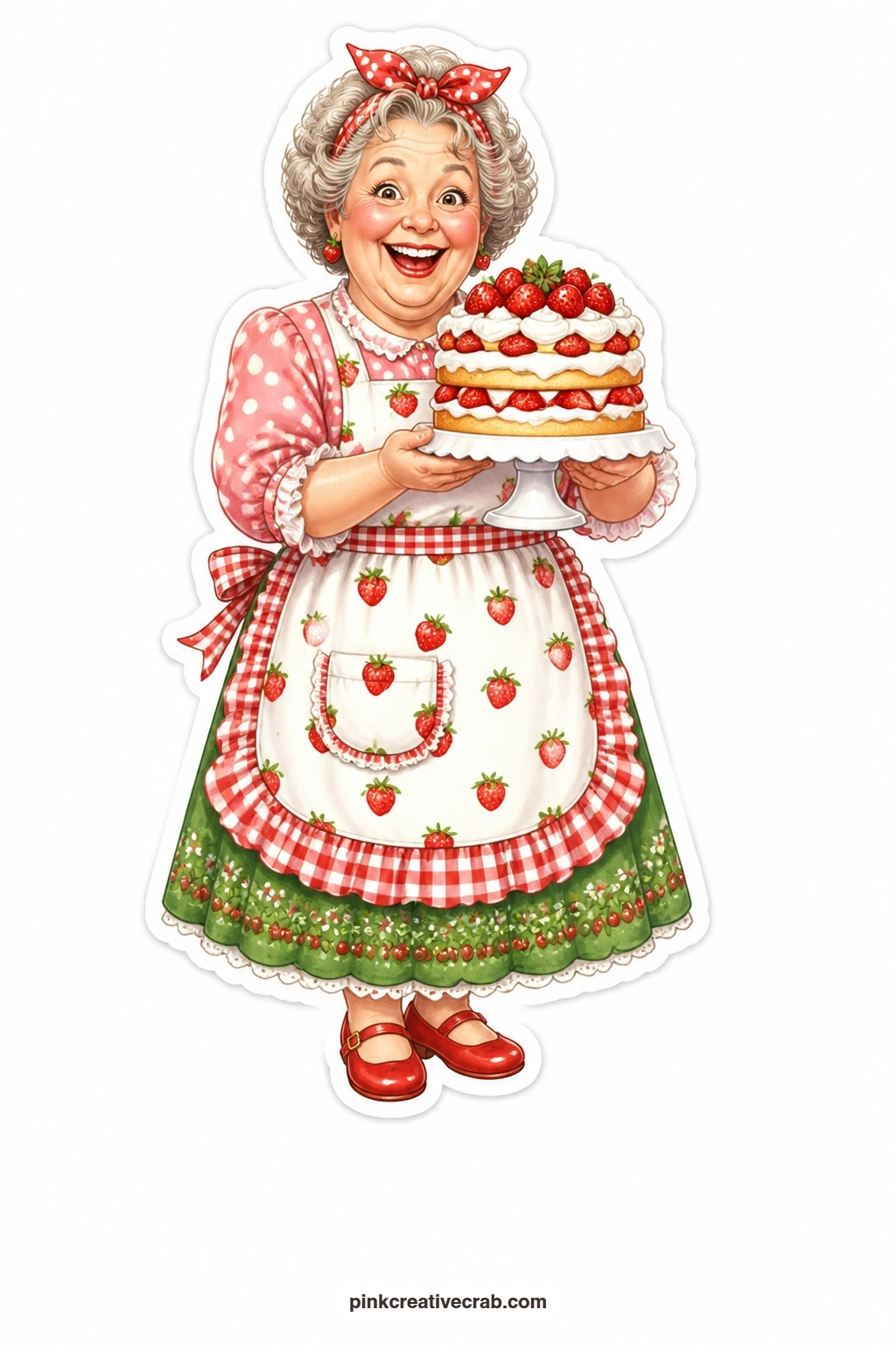 Overjoyed Strawberry Shortcake printable page — Overjoyed in her strawberry print apron, she holds up a strawberry shortcake stacked high with berries and