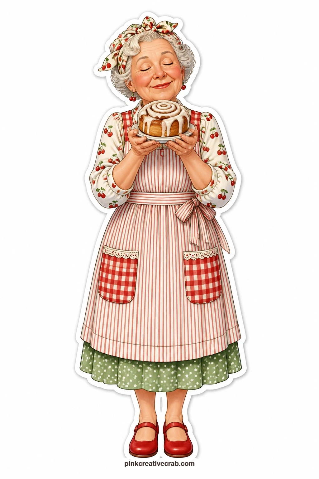 Dreamy Cinnamon Roll printable page — Eyes half closed in a dreamy little daze, she holds a warm cinnamon roll close to her face in her ticking stripe apron