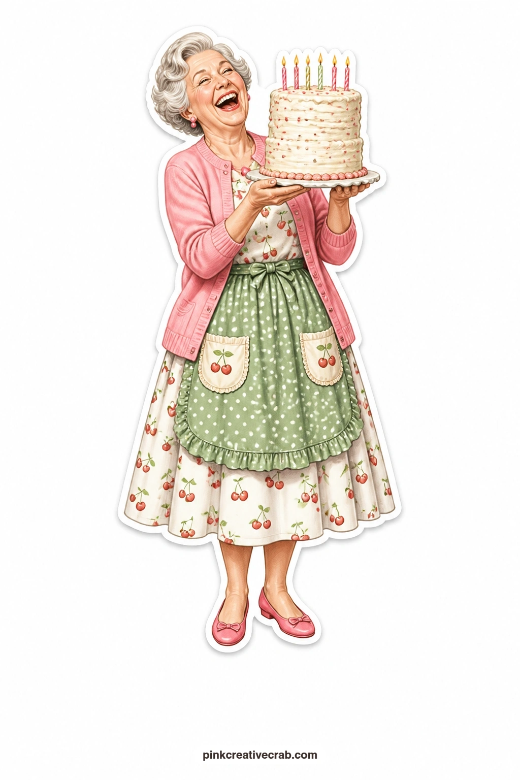 Laughing Lopsided Cake printable page — Laughing freely in her cardigan, she holds up a lopsided birthday cake that leans a little further than frosting alone