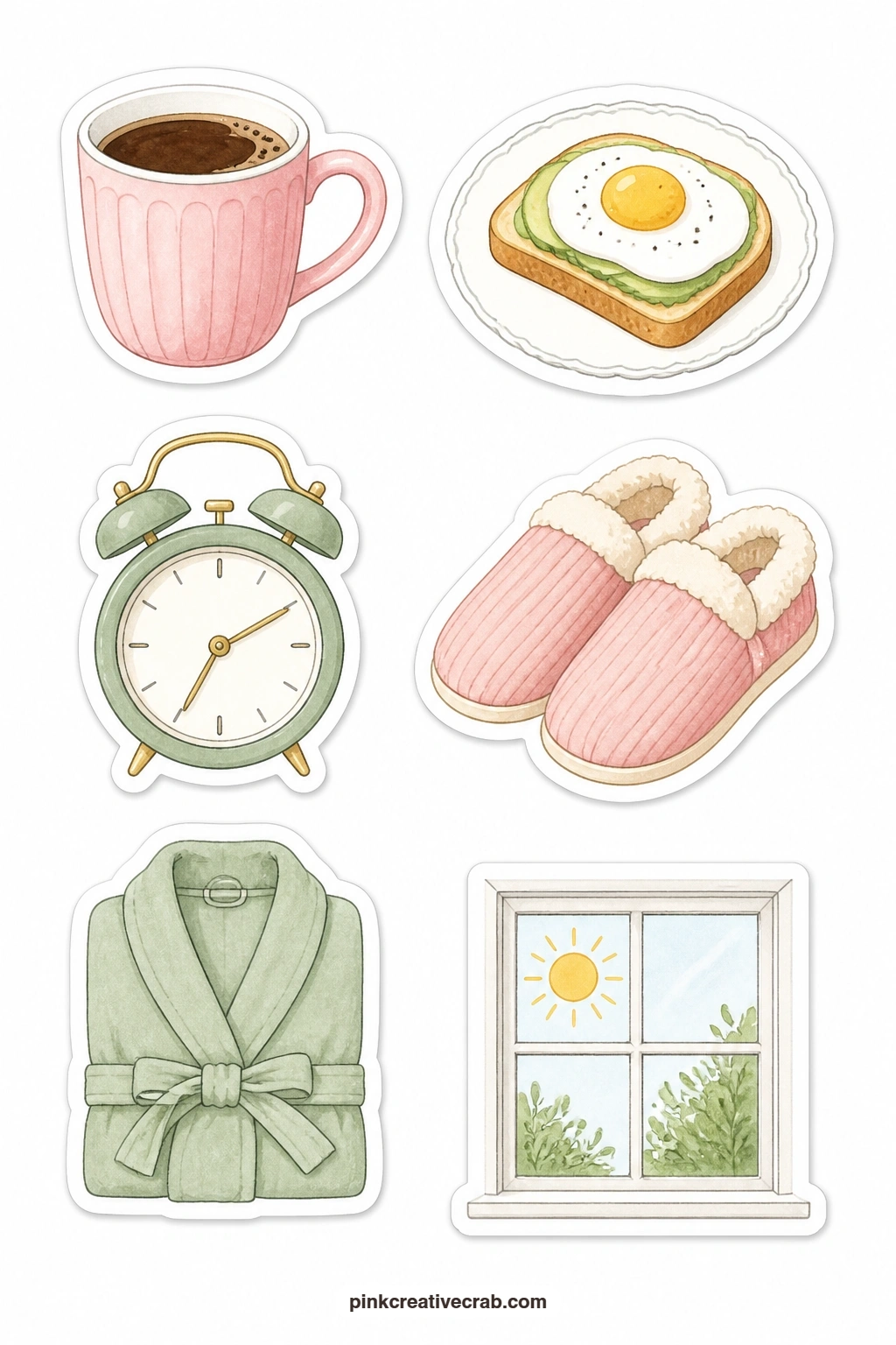 Morning Routine Stickers printable page — Set the tone for a daily spread with a coffee mug, a toast plate, an alarm clock, a pair of slippers, a robe and a