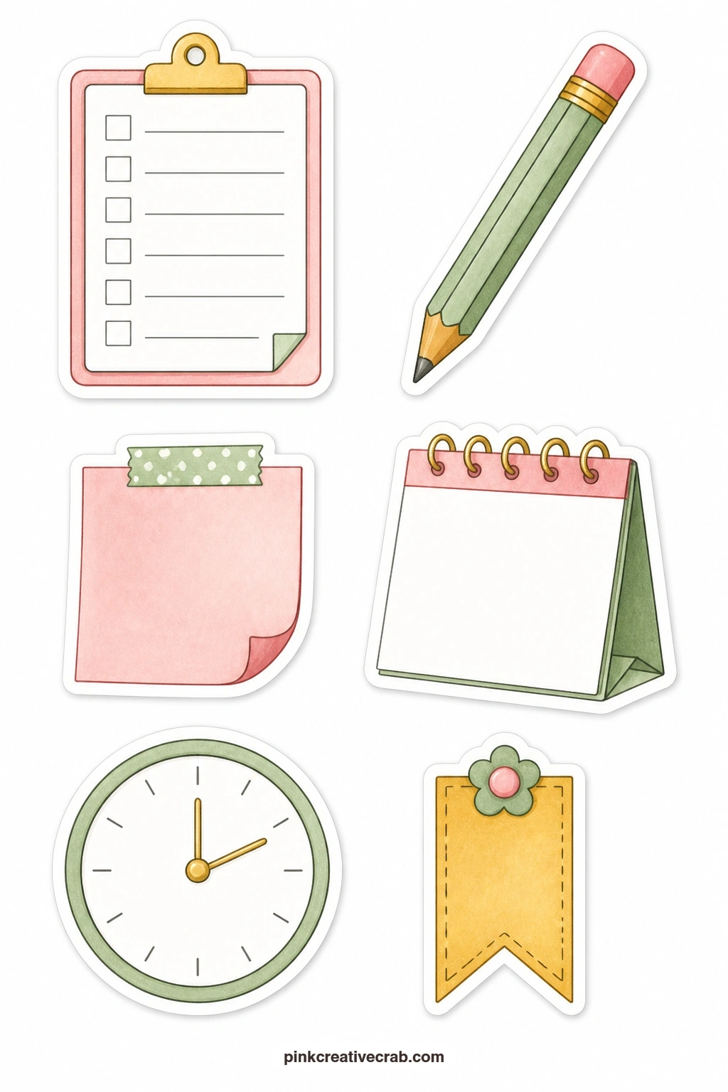 Daily Planner Icons printable page — Mark a planner week with a checklist, a pencil, a sticky note, a blank calendar page, a clock and a bookmark, drawn plain