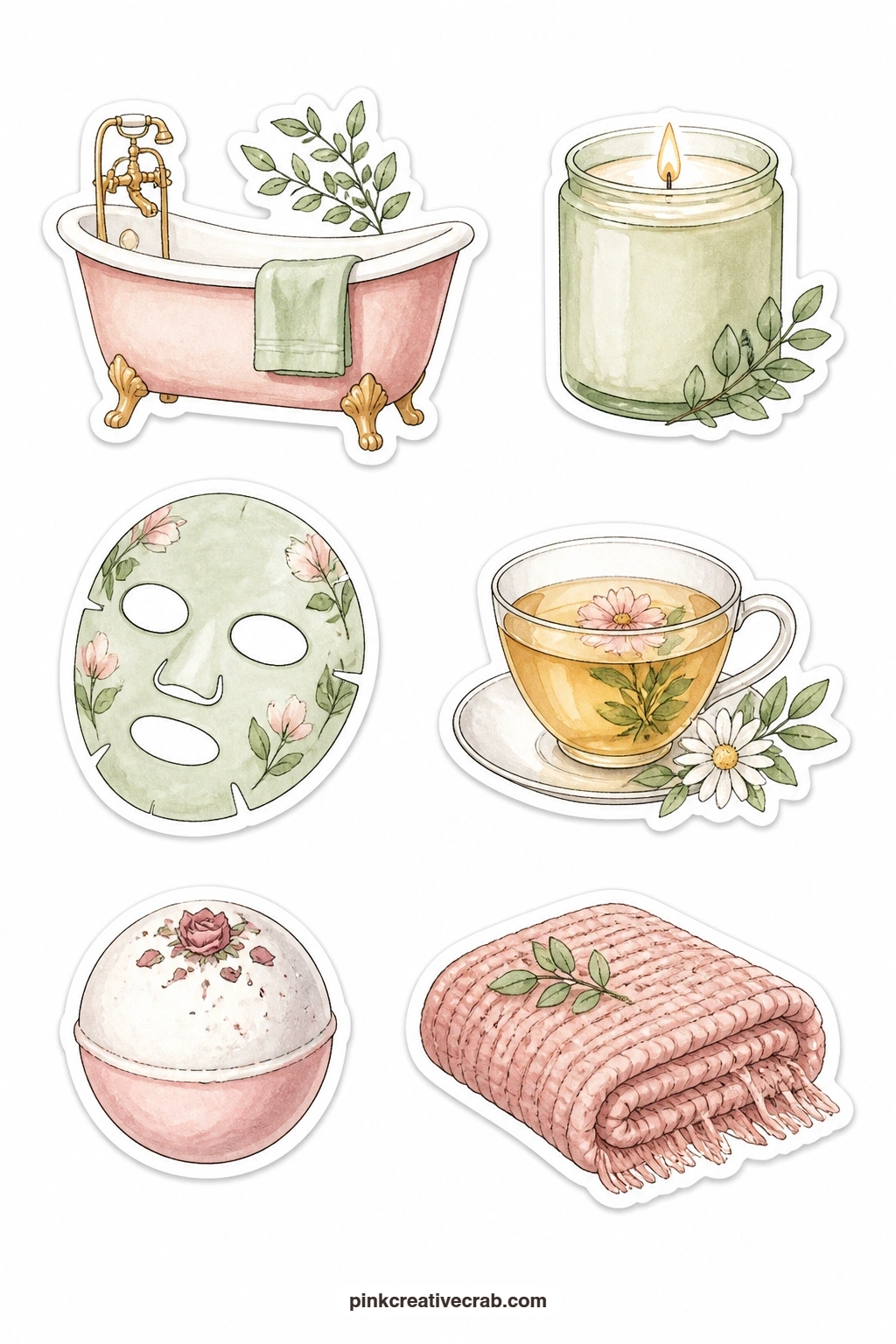 Self-Care Stickers printable page — Give a quiet evening its own row with a bath tub, a candle, a face mask, a herbal tea cup, a bath bomb and a cozy blanket