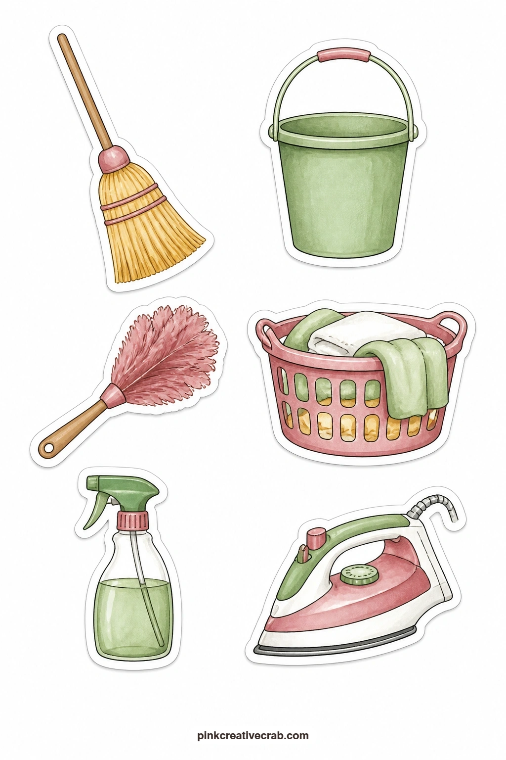 Home Cleaning Stickers printable page — Chores earn their own small icons here: a broom, a bucket, a duster, a laundry basket, a spray bottle and an iron