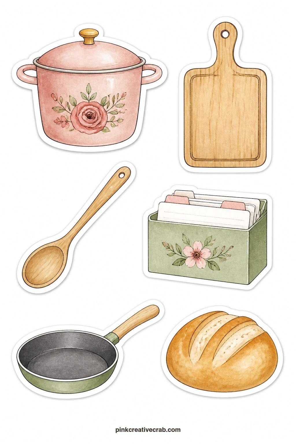 Cooking at Home Stickers printable page — A soup pot, a cutting board, a wooden spoon, a recipe box, a frying pan and a bread loaf cover the whole kitchen