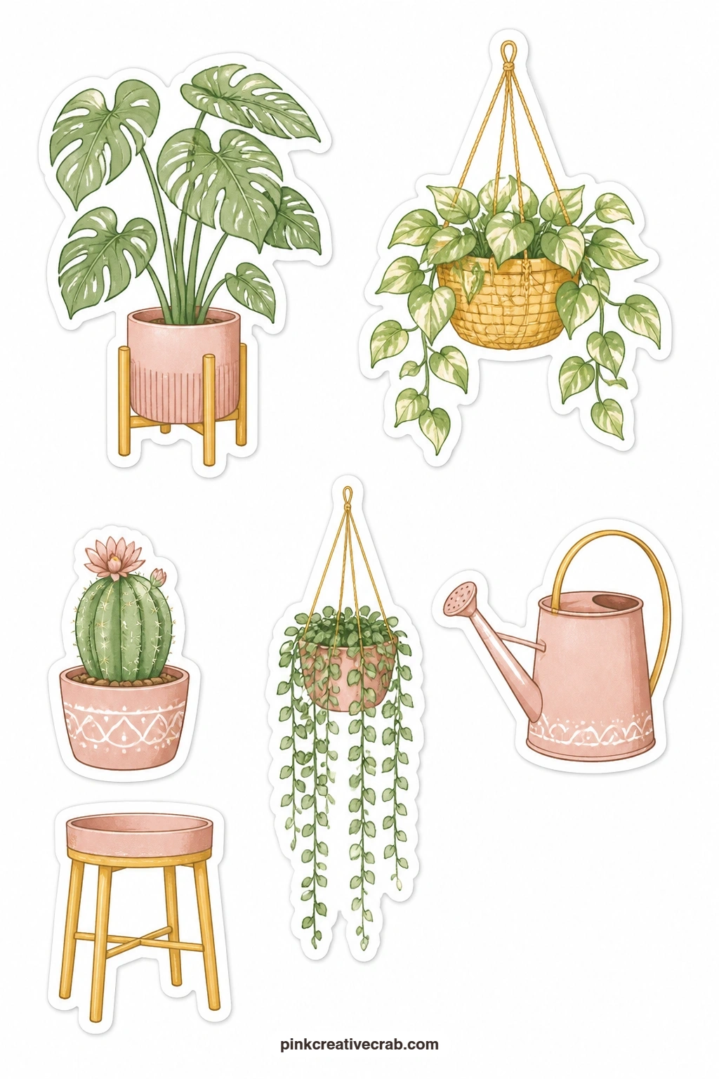 Houseplant Stickers printable page — Fill a plant corner of a journal with a monstera leaf, a pothos in a basket, a cactus, a hanging plant, a watering can and