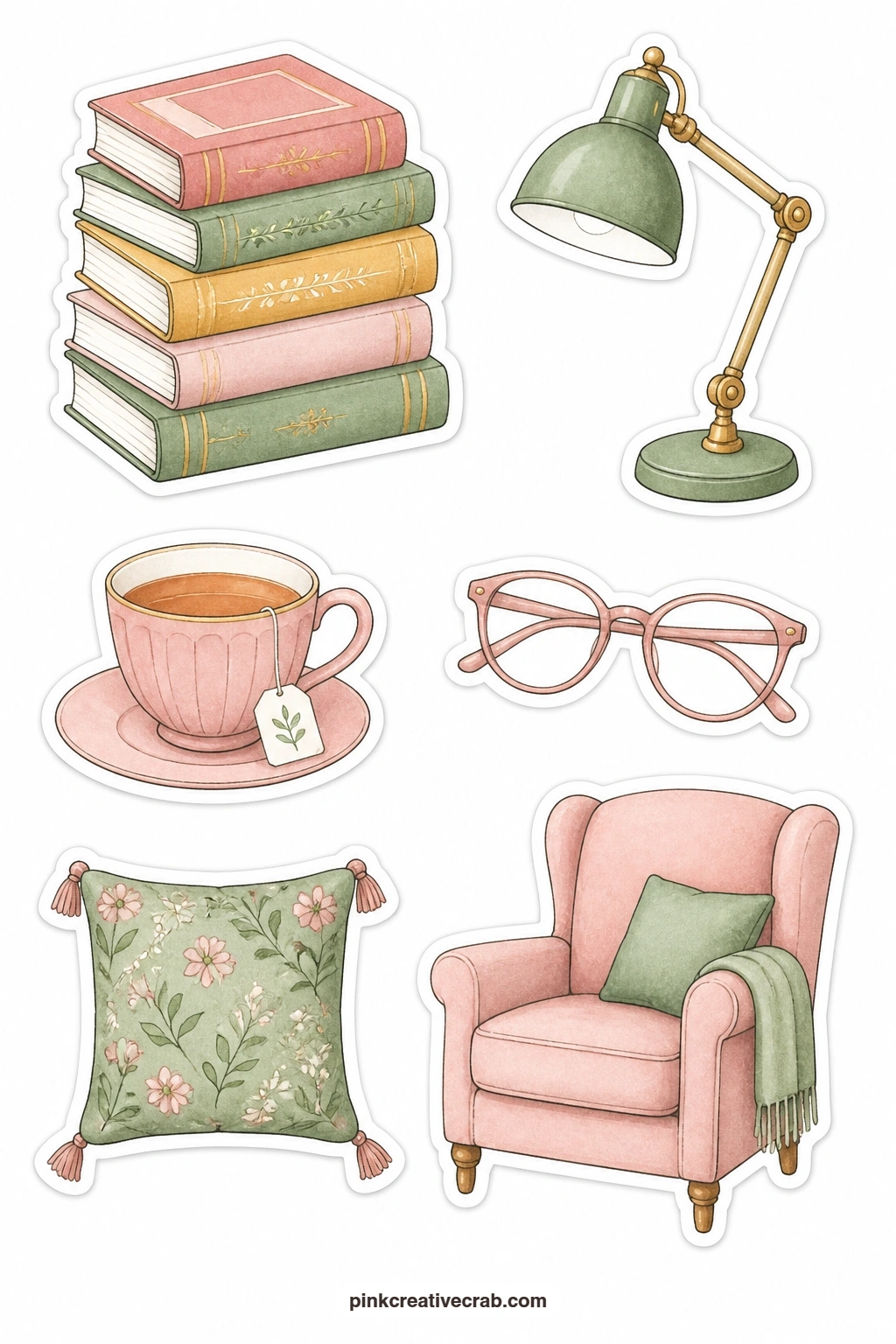 Reading Time Stickers printable page — Mark a reading log with a book stack, a reading lamp, a cup of tea, a pair of glasses, a reading pillow and an armchair